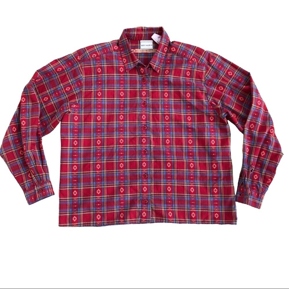 Vintage‎ embroidered red plaid button down shirt